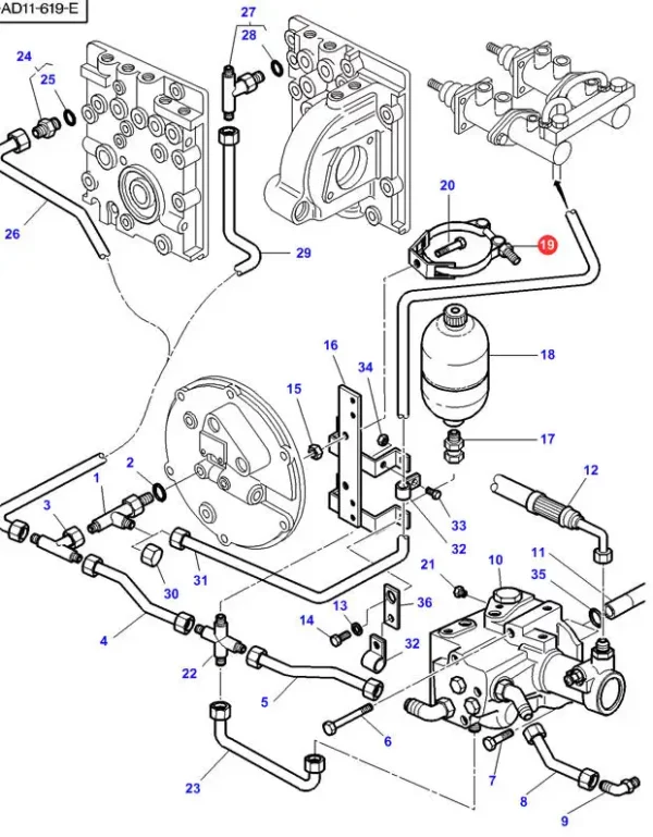 Oryginalna złączka marki Massey Ferguson o numerze katalogowym 3619807M1 stosowana w mocowaniu elementów układu napędowego, hydraulicznego, hamowania, akumulatora lub sprzęgła w ciągnikach marki Massey Ferguson i Challenger. - schemat