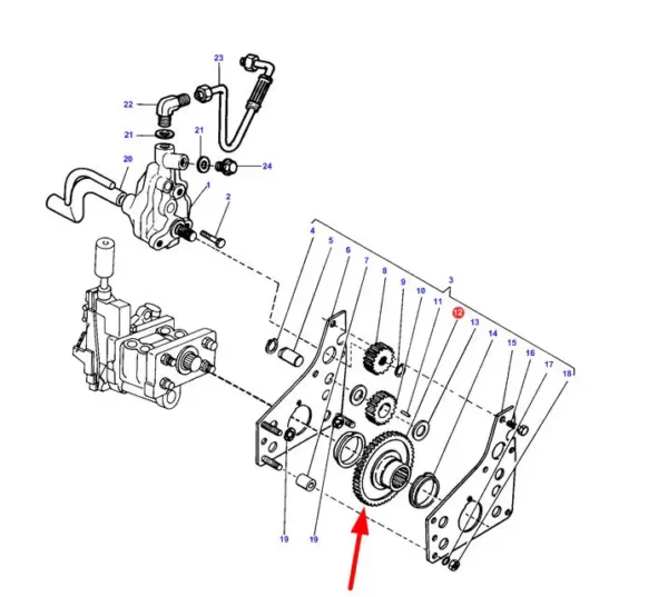 Oryginalne koło zębate pompy hydraulicznej o numerze katalogowym 1868540M1, stosowane w ciąnikach rolniczych marki Massey Ferguson schemat.