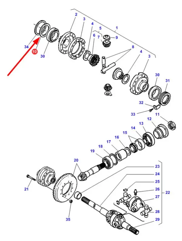 Oryginalny dystans łożyska mechanizmu różnicowego o grubości 0,1 mm i numerze katalogowym 3427281M1, stosowany w ciągnikach rolniczych marki Massey Ferguson schemat