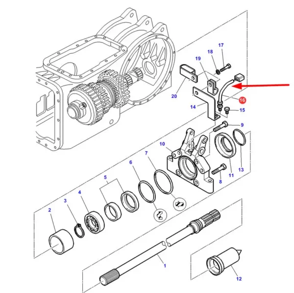 Oryginalny czujnik prędkości WOM o numerze katalogowym 3808071M93, stosowany w ciągnikach marki Massey Ferguson schemat.