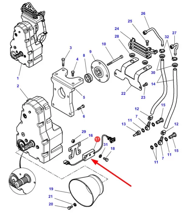 Oryginalny czujnik przedniego WOM o numerze katalogowym 4277522M2, stosowany w ciągnikach rolniczych marki Massey Ferguson schemat.