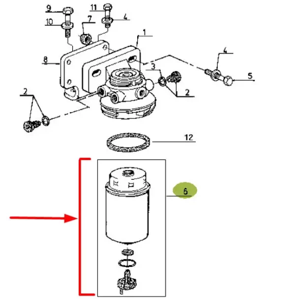 Oryginalny filtr paliwa z separatorem wody o numerze katalogowym 6005020220, stosowany w ciągnikach rolniczych marki Claas schemat.
