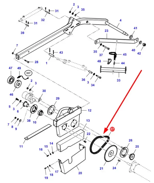 Oryginalny łańcuch napędu hederu o numerze katalogowym 7109286M91, stosowany w hederach rolniczych marki Massey Ferguson schemat.