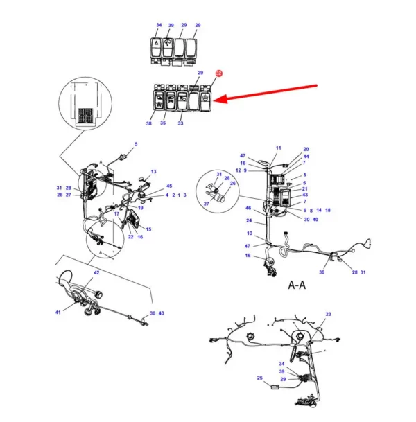 Oryginalny przełącznik elektryczny o numerze katalogowym 71387423, stosowany w kombajnach zbożowych marek Massey Ferguson, Fendt, Valtra i Challenger schemat.