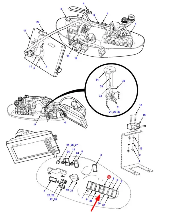 Oryginalny przełącznik elektryczny o numerze katalogowym 71420787, stosowany w kombajnach zbożowych marek Massey Ferguson, Fendt i Challenger schemat.