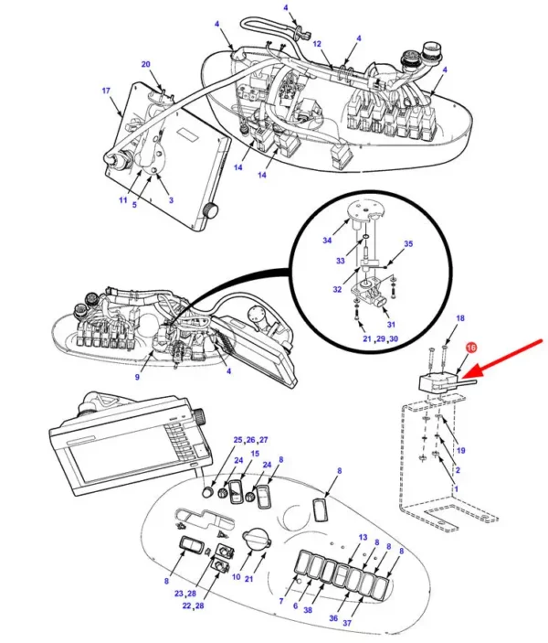 Oryginalny czujnik elektryczny o numerze katalogowym 71424994, stosowany w kombajnach zbożowych marek Massey Ferguson, Fendt i Challanger schemat.