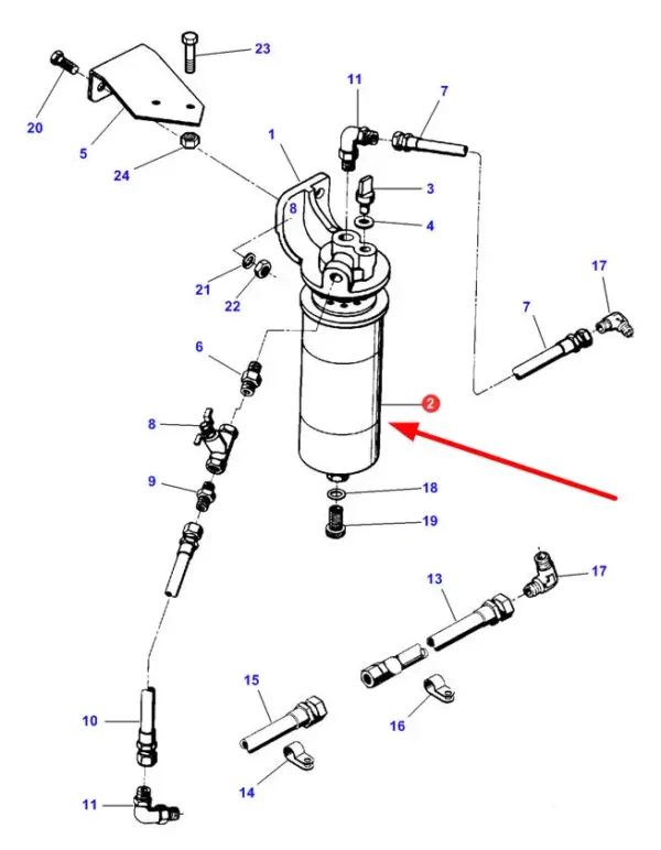 Oryginalny filtr paliwa silnika o numerze katalogowym 74394407, stosowany w ciągnikach rolniczych marki Massey Ferguson schemat.