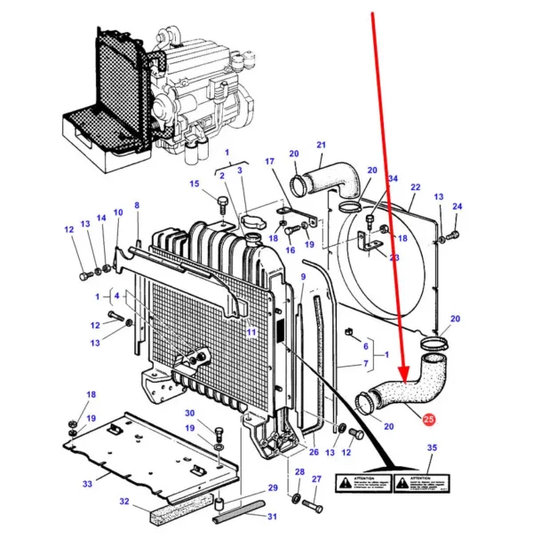 Przewód układu chłodzenia o numerze katalogowym 3619026M1, stosowany w ciągnikach rolniczych marki Massey Ferguson.-schemat