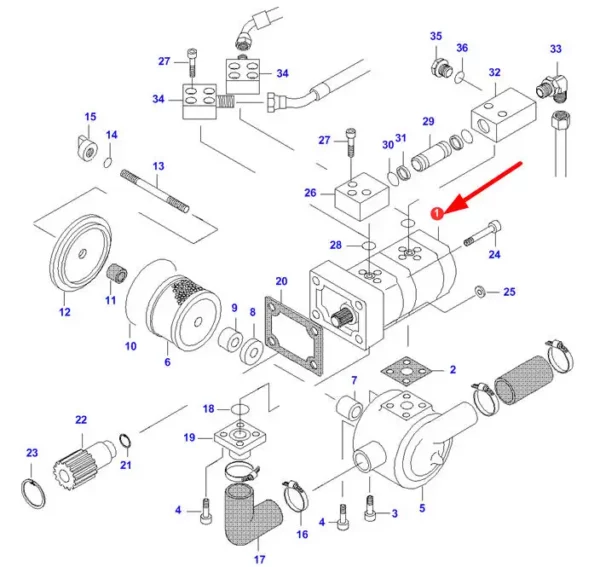Pompa hydrauliczna o numerze katalogowym V33665000, stosowana w ciągnikach rolniczych marek Massey Ferguson oraz Valtra schemat.