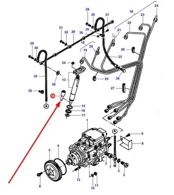 Końcówka wtryskiwacza o numerze katalogowym V836854792, stosowana w ciągnikach rolniczych oraz kombajnach zbożowych marki Massey Ferguson, Valtra, Fendt, Challenger schemat.