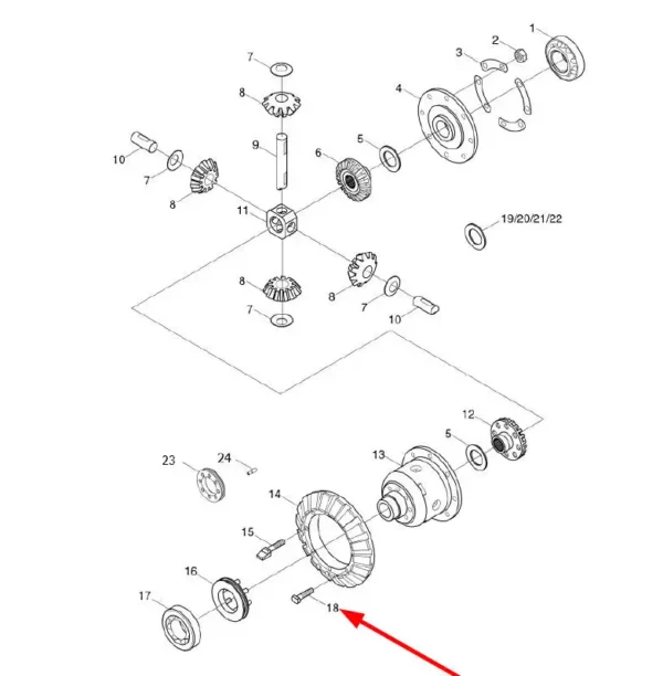 Oryginalna śruba mechanizmu różnicowego niepełnm gwintem o  wymiarach M12x 1.75 dł.gwintu 23mmm i numerze katalogowym FT300.38.186, stosowana w ciągnikach rolniczych marek Arbos oraz Lovol schemat.