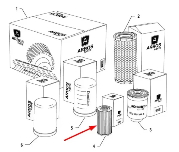 Oryginalny wkład filtra oleju silnika o numerze katalogowym K0067055, stosowany w ciągnikach marki Arbos, a także w maszynach marki JCB schemat
