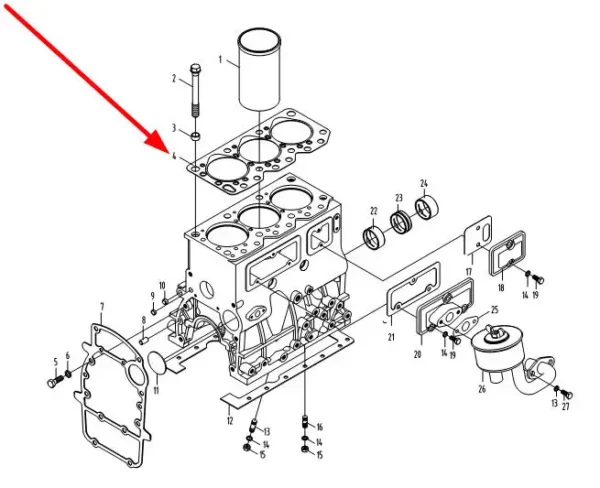 Oryginalna uszczelka głowicy silnika o numerze katalogowym KM385QB-01002S-1, stosowana w ciągnikach rolniczych marek Arbos, Lovol schemat.