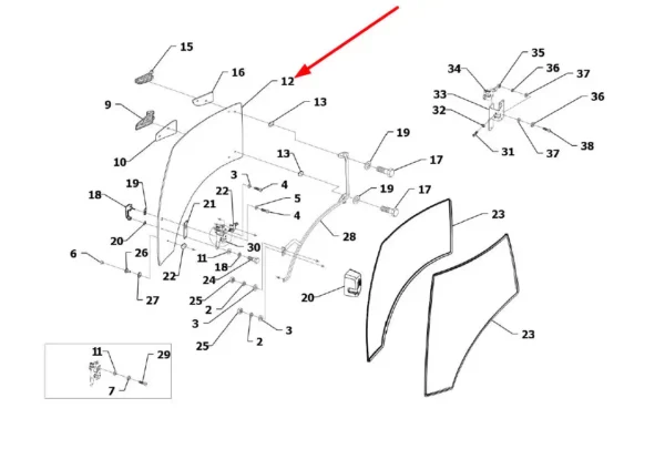 Oryginalna szyba drzwi prawa o numerze katalogowym L0002128, stosowana w ciągnikach rolniczych marek Arbos oraz Lovol.-schemat