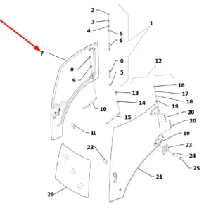 Oryginalna szyba drzwi prawych o numerze katalogowym L000482, stosowane w ciągnikach rolniczych marek Arbos oraz Lovol.-schemat