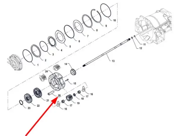 Oryginalny sworzeń koła zębatego przekładni planetarnej o numerze katalogowym P5M37301114, stosowany w ciągnikach rolniczych marki Arbos schemat.