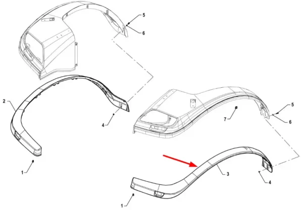 Oryginalne poszerzenie prawego tylnego błotnika o numerze katalogowym  P5S45601152, stosowane w ciągnikach rolniczych marki Arbos. schemat