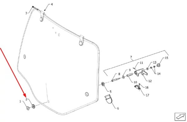 Oryginalna podkładka gumowa klamki tylnej szyby o numerze katalogowym P5S52501175, stosowana w ciągnikach rolniczych marki Arbos schemat.