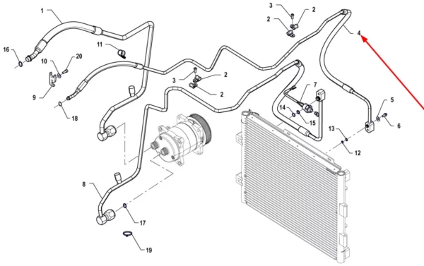 Oryginalny przewód układu klimatyzacji od skraplacza do parownika o numerze katalogowym P5S81201137, stosowany w ciągnikach rolniczych marki Arbos schemat.