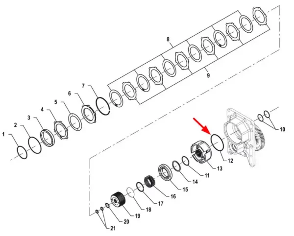 Oryginalny pierścień oring kosza sprzęgłowego skrzyni biegów o wymiarach 122 x 3 mm i numerze katalogowym PIS07010064, stosowany w ciągnikach rolniczych marki Arbos schemat.