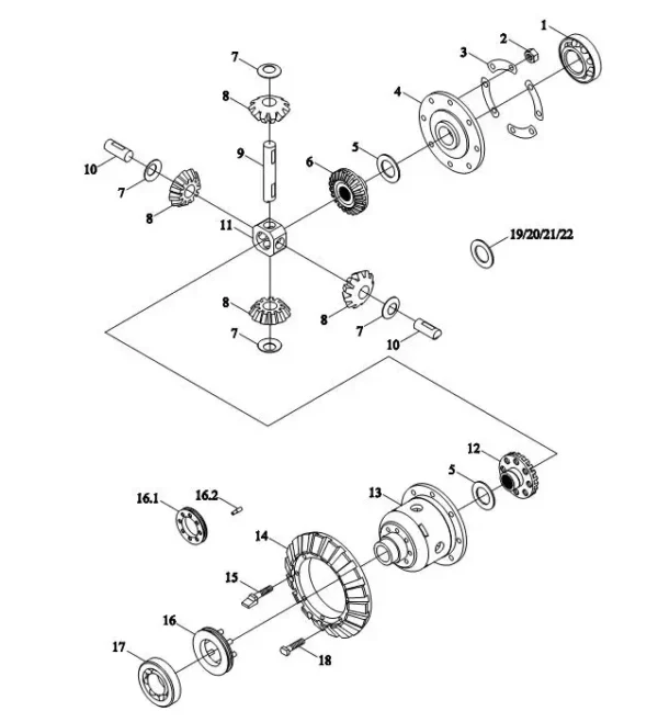 Oryginalny kompletny mechanizm różnicowy tylnego mostu o numerze katalogowym TB1S382020000K, stosowany w ciągnikach rolniczych marek Arbos, Lovol schemat 1.