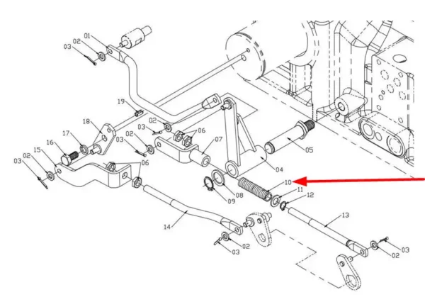 Oryginalna sprężyna dźwigni o numerze katalogowym TB3C551010072, stosowana w ciągnikach rolniczych marek Arbos oraz Lovol schemat.