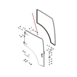 Oryginalna szyba drzwi prawych o numerze katalogowym TE2S451010010Ka, stosowana w ciągnikach rolniczych marek Arbos i Lovol.-schemat