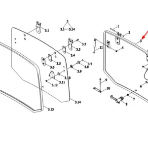 Oryginalna, kompletna szyba tylna o numerze katalogowym TE2S451010025Ka, stosowana w ciągnikach rolniczych marek Arbos i Lovol.-schemat