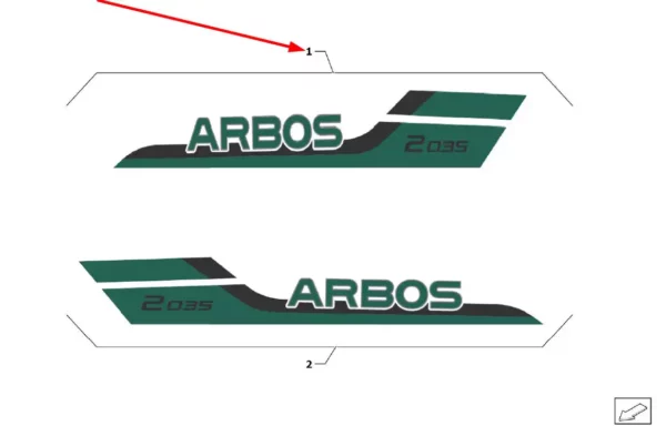 Oryginalna naklejka "Arbos 2035" lewa o numerze katalogowym TE2S511040001K, stosowana w ciągnikach rolniczych marek Arbos oraz Lovol schemat.