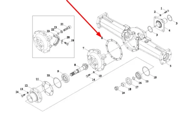 Oryginalna uszczelka obudowy mechanizmu różnicowego przedniej osi o numerze katalogowym TL02311010023, stosowana w ciągnikach rolniczych marek Arbos oraz Lovol schemat.