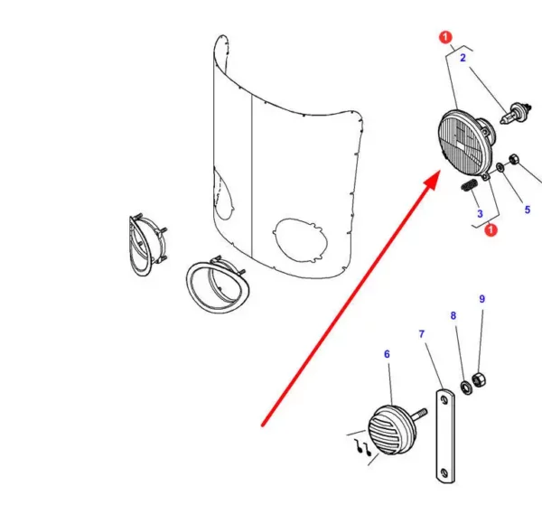 Reflektor o numerze katalogwym B69358, stosowany w ciągnikach rolniczych marki Massey Ferguson schemat