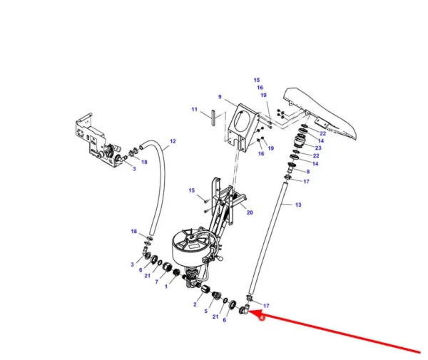 Oryginalne złącze kolankowe rozwadniacza o wymiarach 2" x 1-1/2" 90D i numerze katalogowym AG056292, stosowane w opryskiwaczach polowych marki Challenger, Fendt schemat.