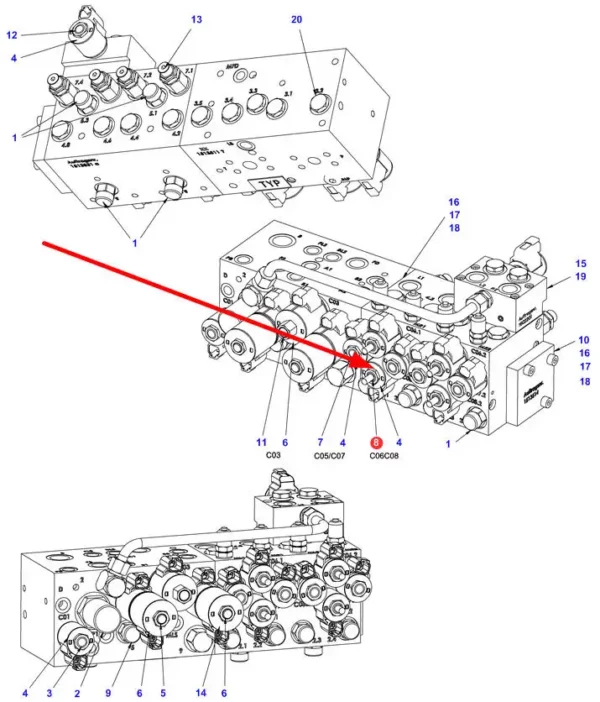Oryginalny zawór hydrauliczny o numerze katalogowym AG634159, stosowany w opryskiwaczach samojezdnych marki Challenger schemat.