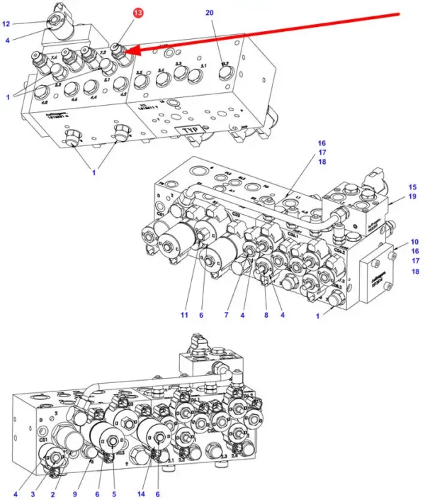 Oryginalny zawór hydrauliczny o numerze katalogowym AG641244, stosowany w opryskiwaczach samojezdnych marki Challenger schemat.