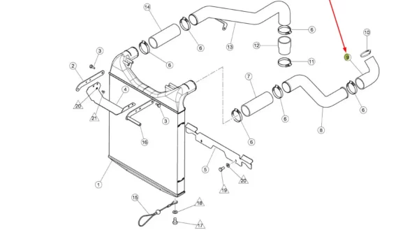 Oryginalny przewód gumowy chłodnicy o numerze katalogowym 0010648841, stosowany w ciągnikach rolniczych marki Claas.-schemat