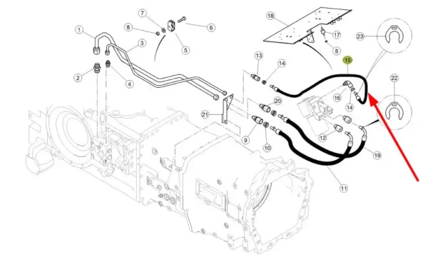 Oryginalny przewód hydrauliczny gumowy układu kierowniczego o numerze katalogowym 0011020600, stosowany w ciągnikach rolniczych marki Claas schemat.
