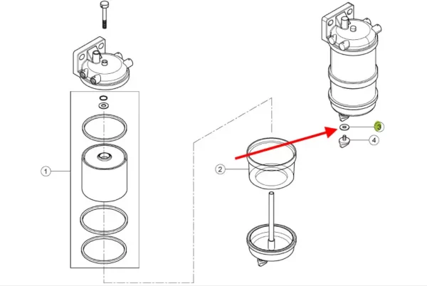 Oryginalna uszczelka filtra paliwa silnika, stosowana w ciągnikach rolniczych marki Claas. schemat