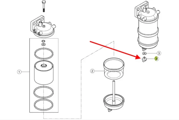Oryginalna zaślepka filtra paliwa silnika, stosowana w ciągnikach rolniczych marki Claas. schemat