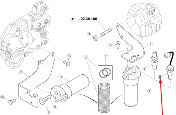 Oryginalny czujnik zapchania filtra hydrauliki o numerze katalogowym 0011379430, stosowany w ciagnikach rolniczych marki Claas, Challenger oraz Massey Ferguson- schemat.