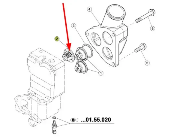 Oryginalny termostat układu chłodzenia o numerze katalogowym 0011381470, stosowany w ciągnikach marki Claas schemat