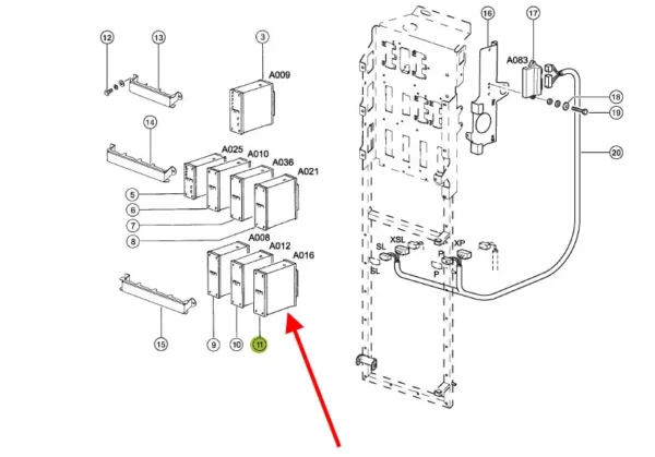 Oryginalny moduł elektryczny, stosowany w kombajnach zbożowych marki Claas. schemat