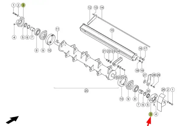 Oryginalna oprawa łożyska walca rodrabniacza słomy o numerze katalogowym 065069.0, stosowana w kombajnach zbożowych marki Claas schemat