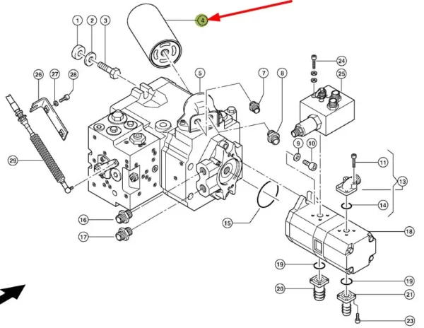 Oryginalny filtr oleju hydrauliki o numerze katalogowym 068959.0, stosowany w maszynach rolniczych marek Claas, Massey Ferguson, Fendt, Challenger oraz Liebherr- schemat.