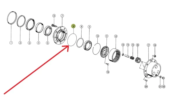 Oryginalny pierścień oring zwolnicy osi napędzanej kierowanej o wymiarach 203 x 2,65 mm i numerze katalogowym 072627.0, stosowany w sieczkarniach samojezdnych marki Claas schemat.