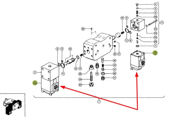 Oryginalny elektro-zawór o numerze katalogowym 079307.0, stosowany w kombajnach zbożowych i sieczkarniach samojezdnych marki Claas. schemat