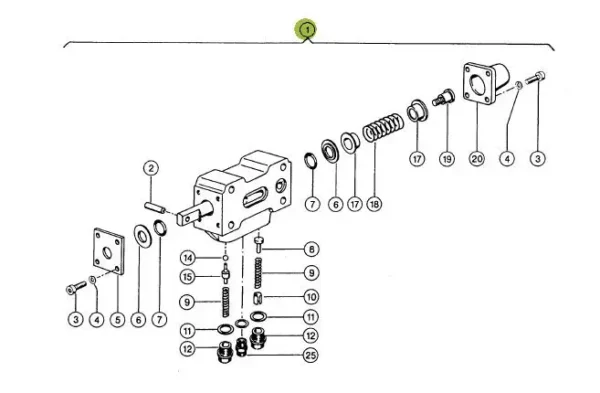 Oryginalny zawór 3/3 drożny o numerze katalogowym 084131.0, stosowany w kombajnach zbożowych marki Claas. schemat