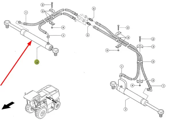 Oryginalny siłownik hydrauliczny tylnej osi o numerze katalogowym 084783.1, stosowany w kombajnach zbożowych i sieczkarniach samojezdnych  marki Claas schemat.