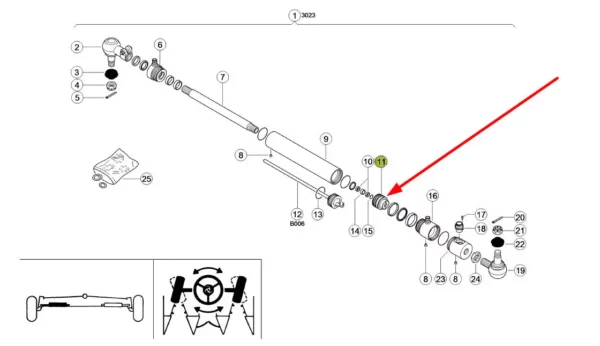 Oryginalny tłok siłownika hydraulicznego układu kierowniczego, stosowany w kombajnach zbożowych Lexion i Tucano marki Claas schemat
