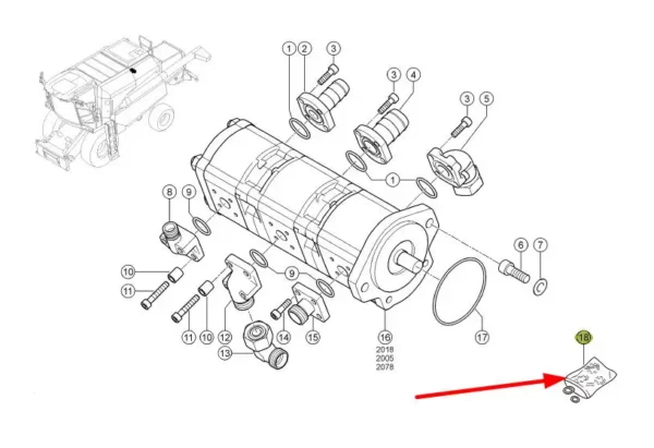 Oryginalny zestaw uszczelniaczy pompy hydraulicznej, stosowany w maszynach rolniczych marki Claas schemat.