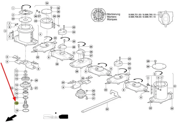 Oryginalny wałek z kołem zębatym tarczy tnącej o 18 zębach , 16 frezach, długości 110 mm i numerze katalogowym 138471.2, stosowany w kosiarkach marki Claas schemat.